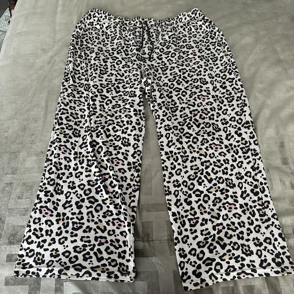 Pajama Pants Womens 2X White‎ Leopard Print Drawstring Lounge Sleep Plus Pockets